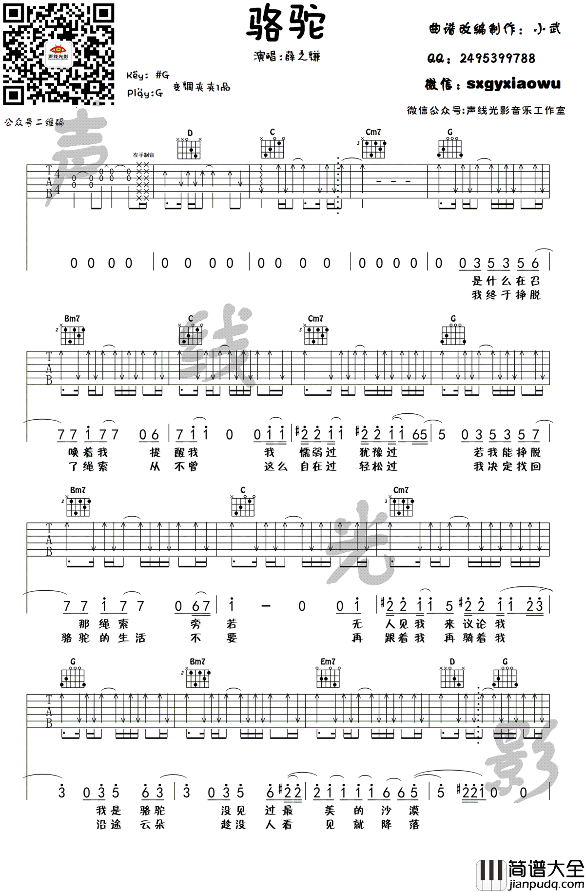 骆驼吉他谱_薛之谦_G调指法__骆驼_吉他弹唱教学视频