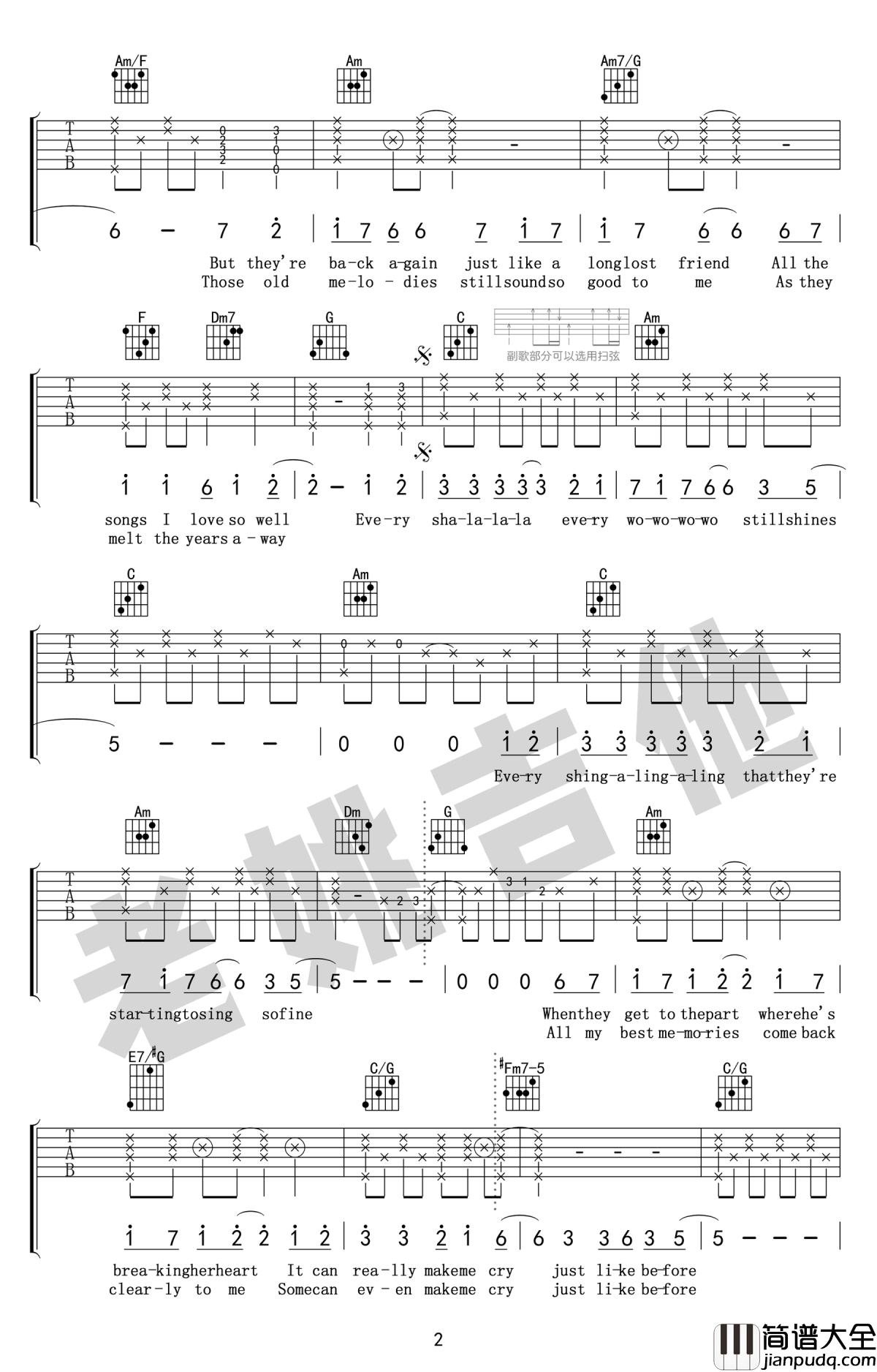 昨日重现Yesterday_Once_More吉他谱_C调弹唱谱