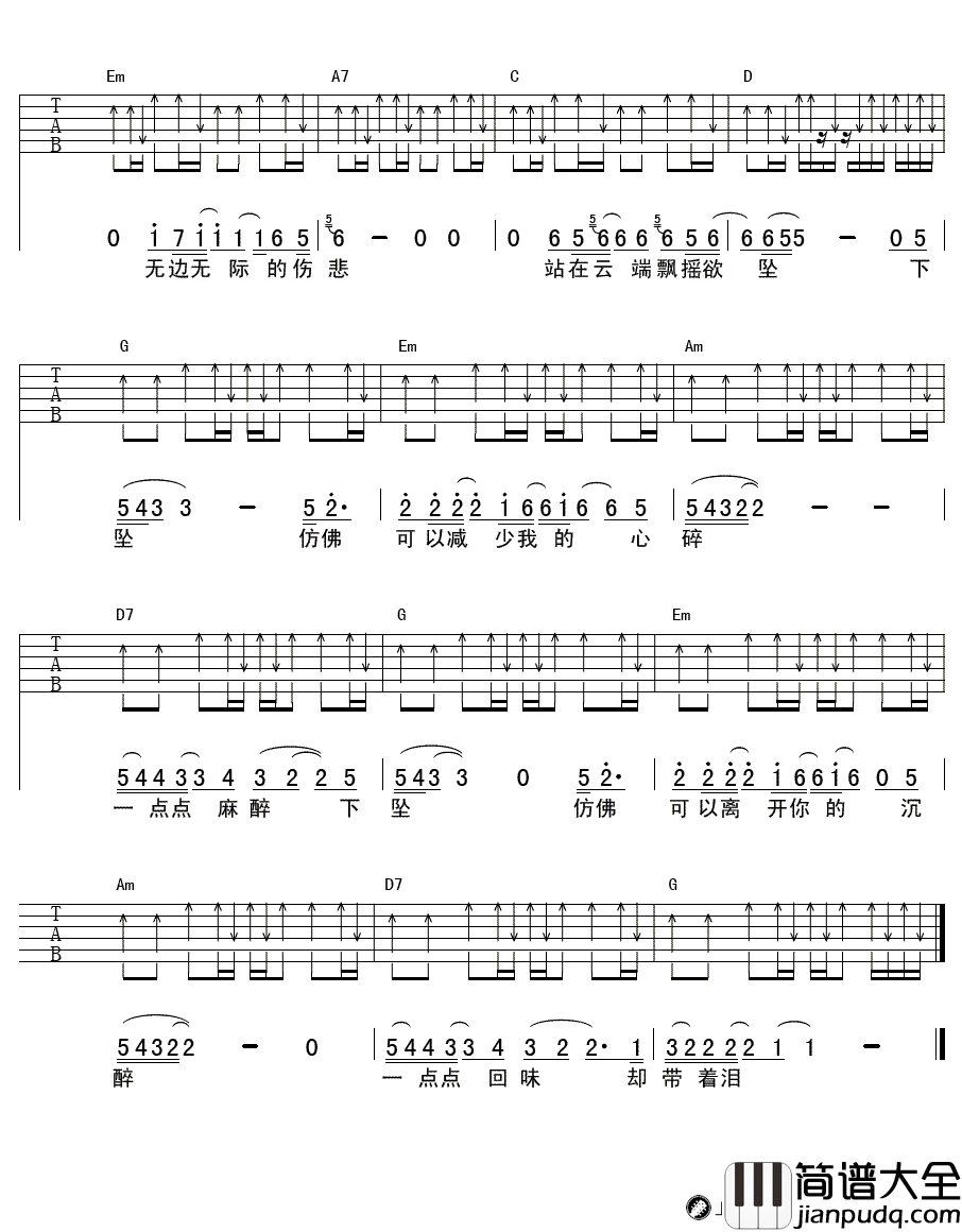 下坠吉他谱_汪峰_歌手__下坠六线谱_单吉他简编版