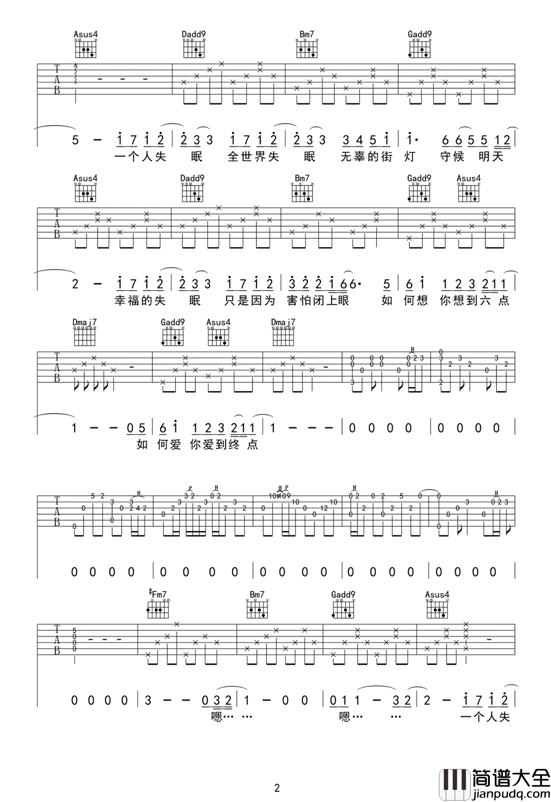 全世界失眠吉他谱_D调弹唱谱_陈奕迅