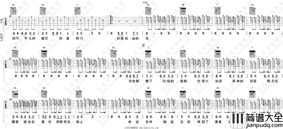 阿刁吉他谱_赵雷/张韶涵_阿刁_吉他弹唱视频_图片谱