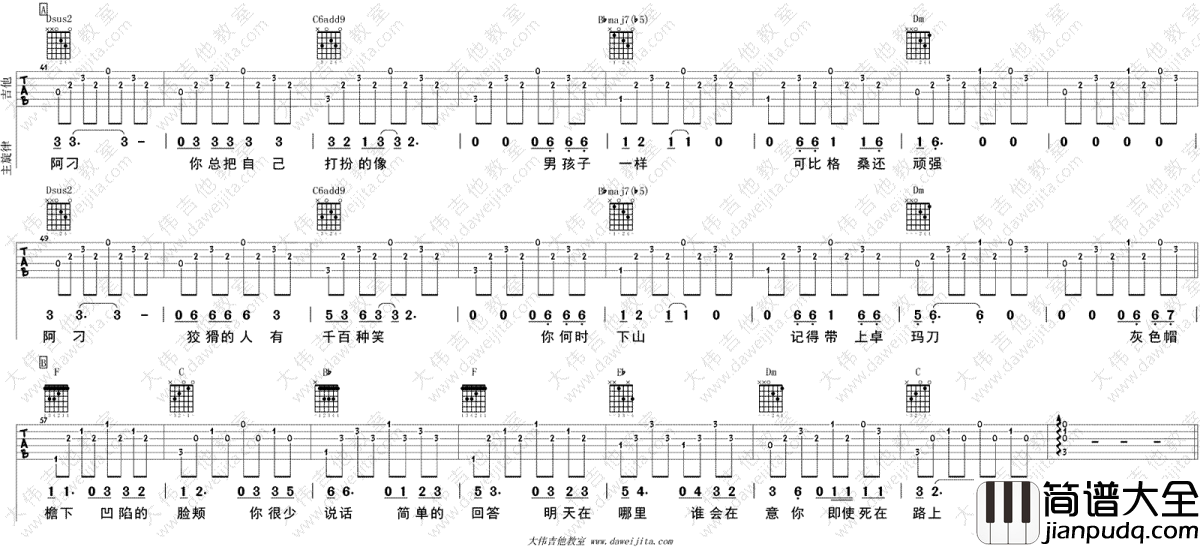 阿刁吉他谱_赵雷/张韶涵_阿刁_吉他弹唱视频_图片谱