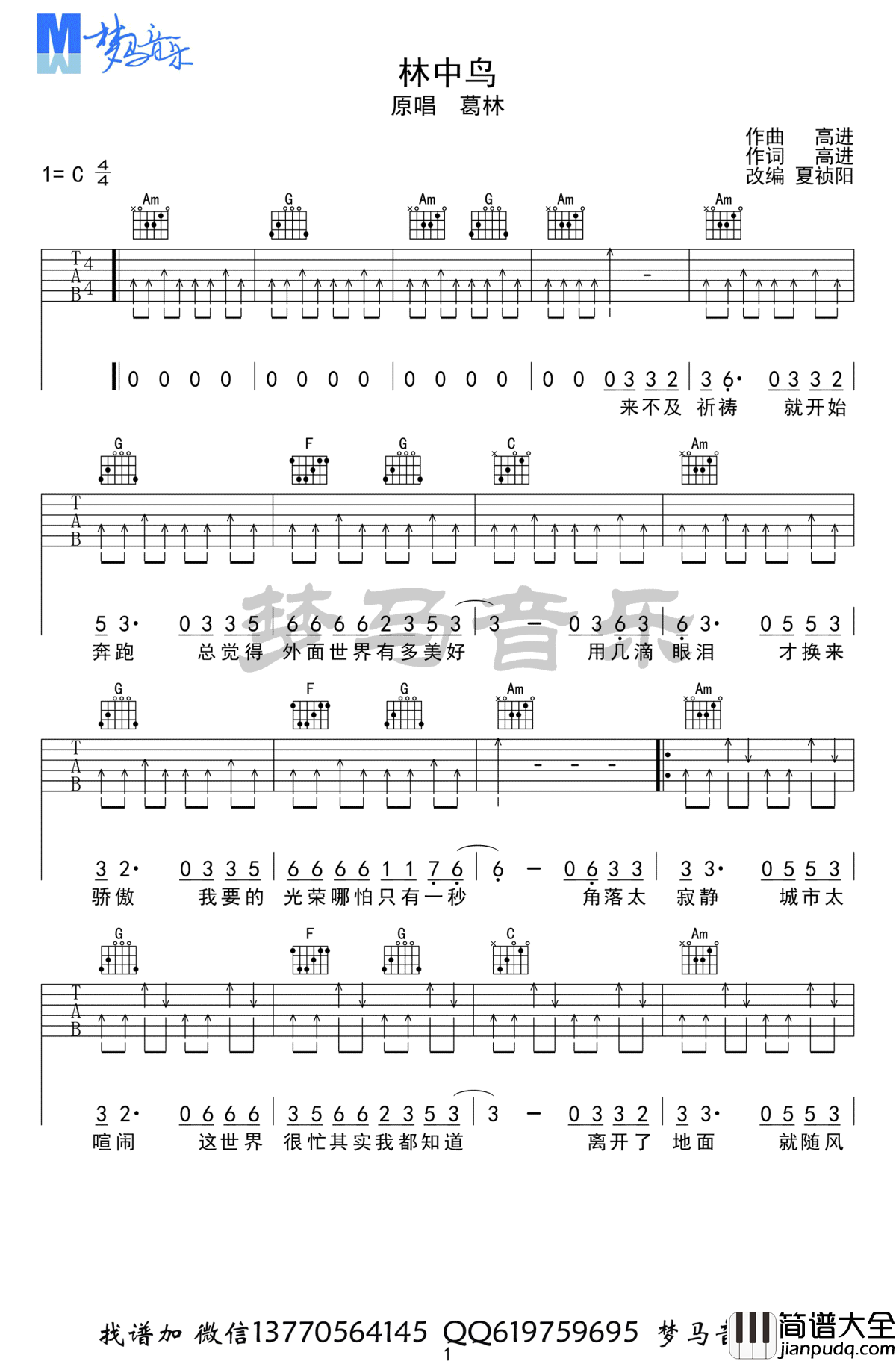 林中鸟吉他谱_葛林_C调六线谱_吉他弹唱视频