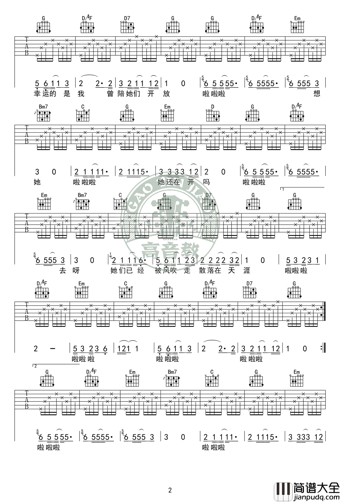 那些花儿吉他谱_朴树_G调标准弹唱谱_吉他教学视频