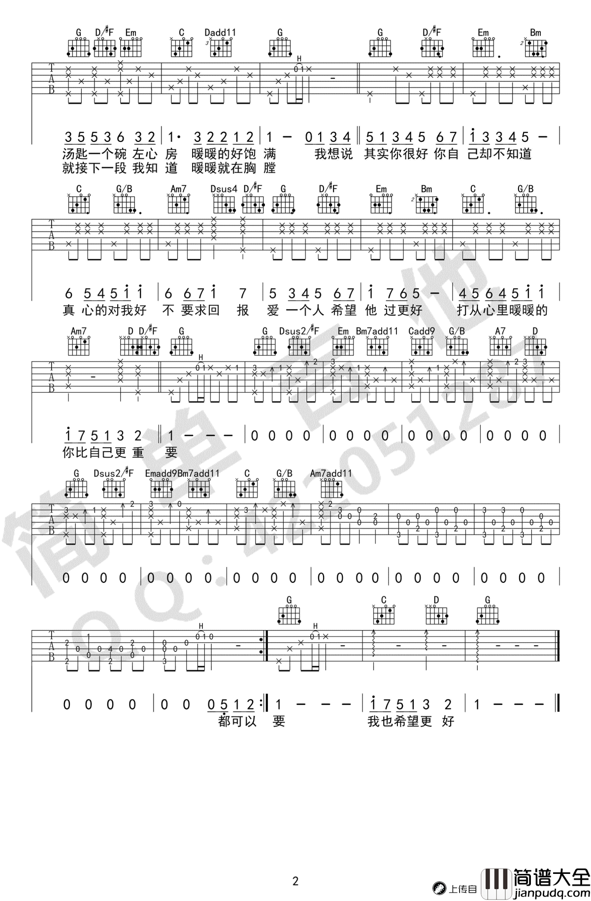 暖暖吉他谱_梁静茹_G调_简单吉他_高清弹唱谱