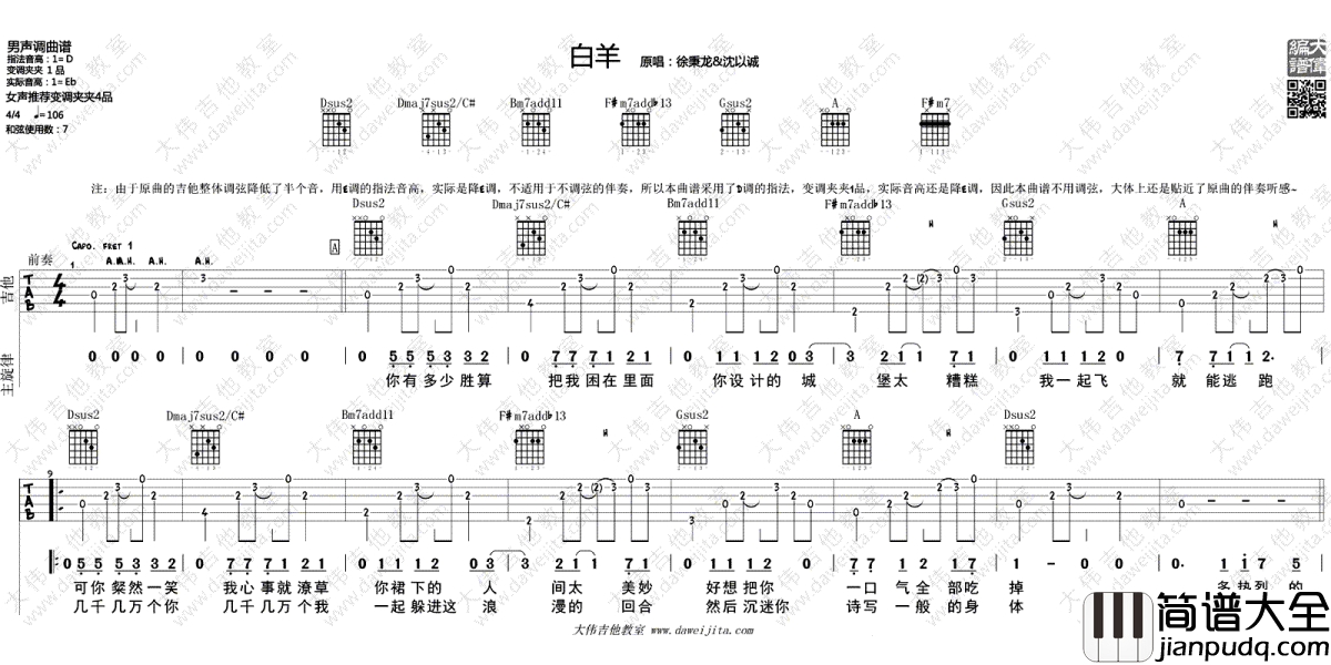 白羊吉他谱_徐秉龙_高清图片六线谱_吉他弹唱示范演示