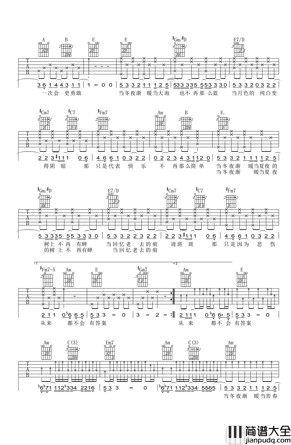 当冬夜渐暖吉他谱_孙燕姿_吉他弹唱谱_图片谱