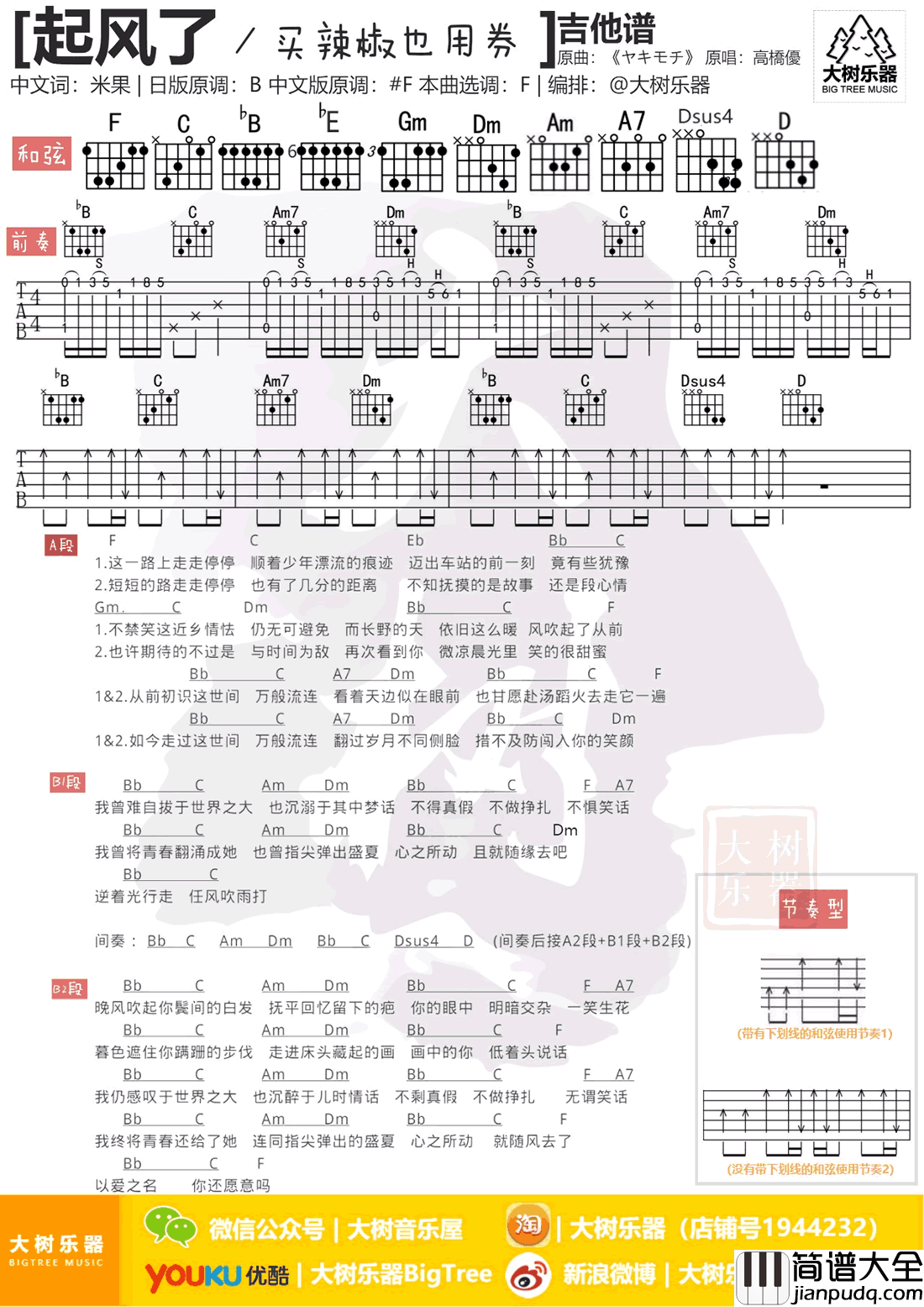 起风了吉他谱_买辣椒也用券/抖音歌曲_吉他弹唱教学视频