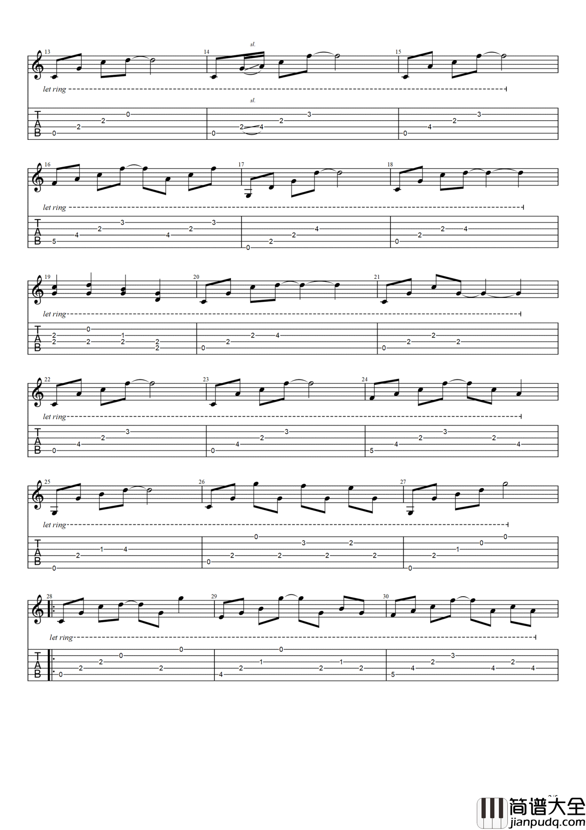 数不尽的星空吉他谱_曾沛慈_终极一班2_主题曲_高清六线谱