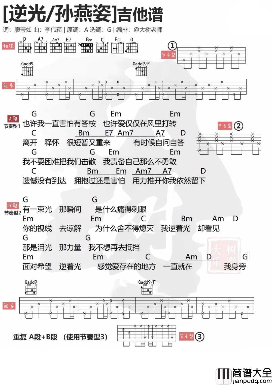 逆光吉他谱_孙燕姿_总有一首孙燕姿，让你眼角湿润