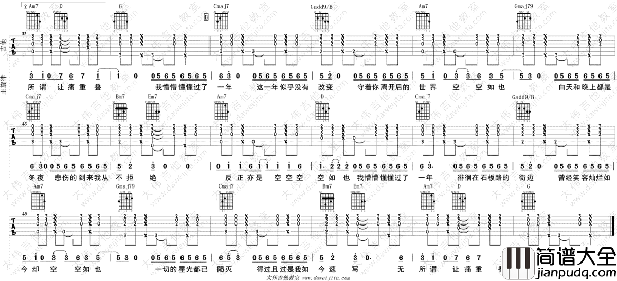 空空如也吉他谱_男生版_任然_吉他弹唱演示视频