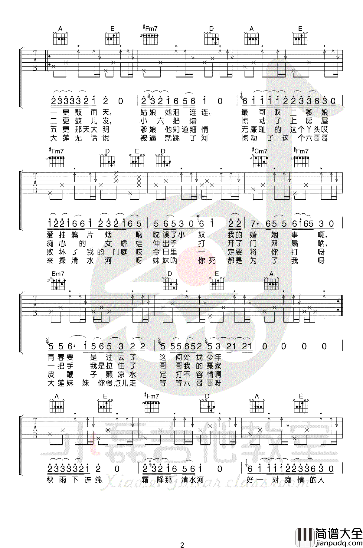 探清水河吉他谱_晓月老板_A调指法弹唱谱_吉他教学视频