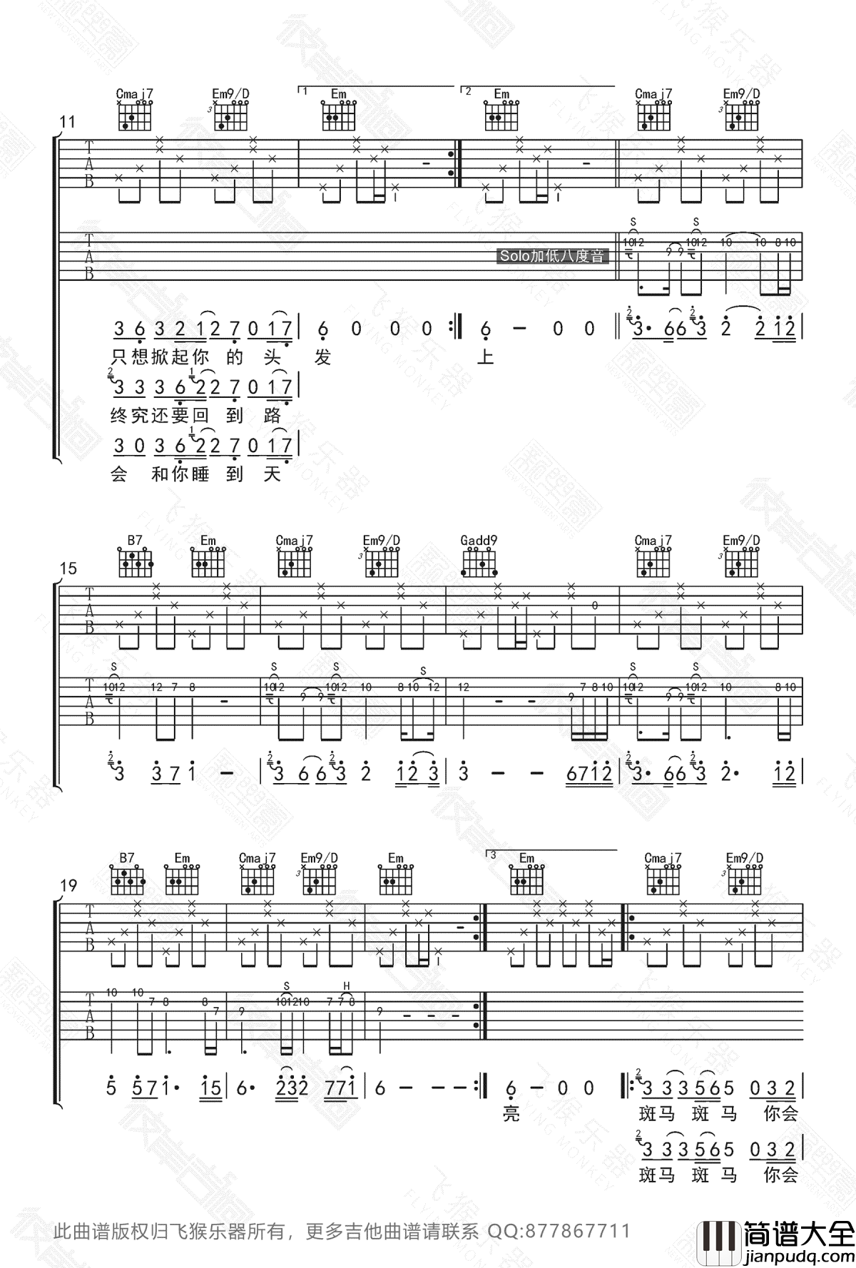 斑马斑马吉他谱_宋冬野_G调带SOLO版本_吉他弹唱示范演示
