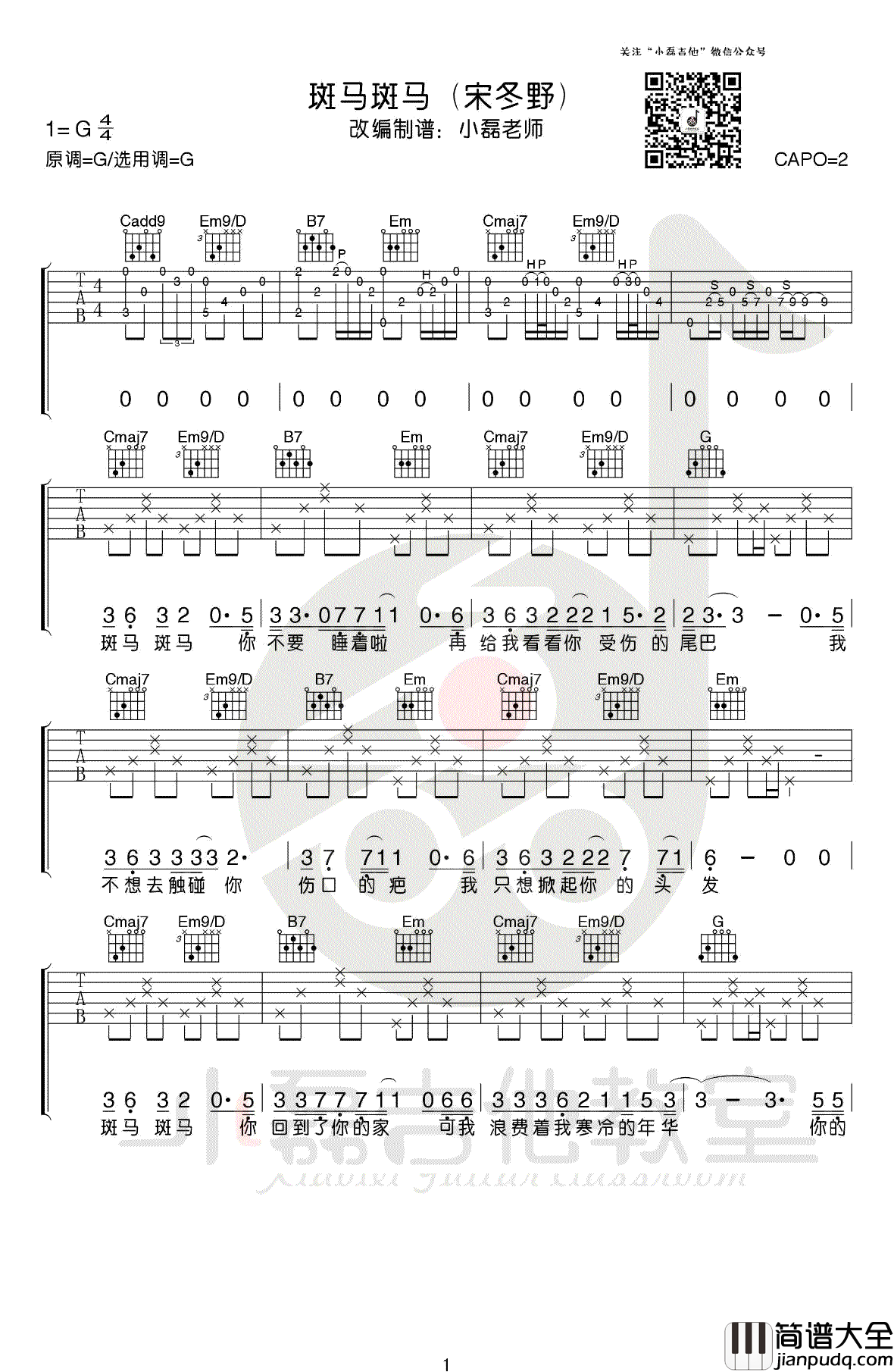 斑马斑马吉他谱_原版弹唱谱_宋冬野_吉他教学视频