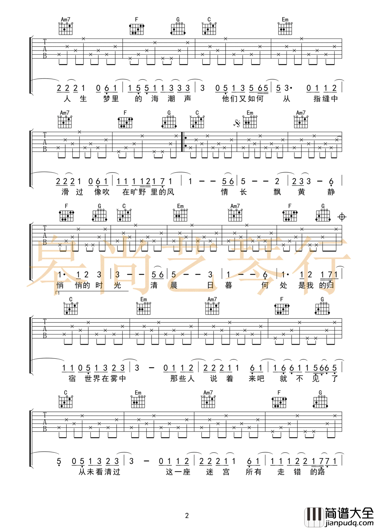 猎户星座吉他谱_C调简单版_朴树_高清弹唱谱