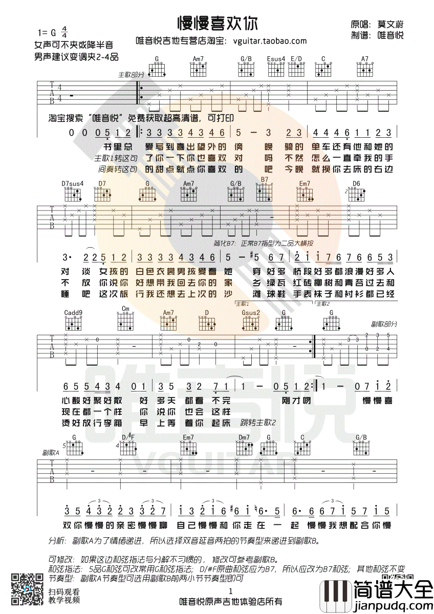 慢慢喜欢你吉他谱_莫文蔚_简单版吉他谱_图片谱