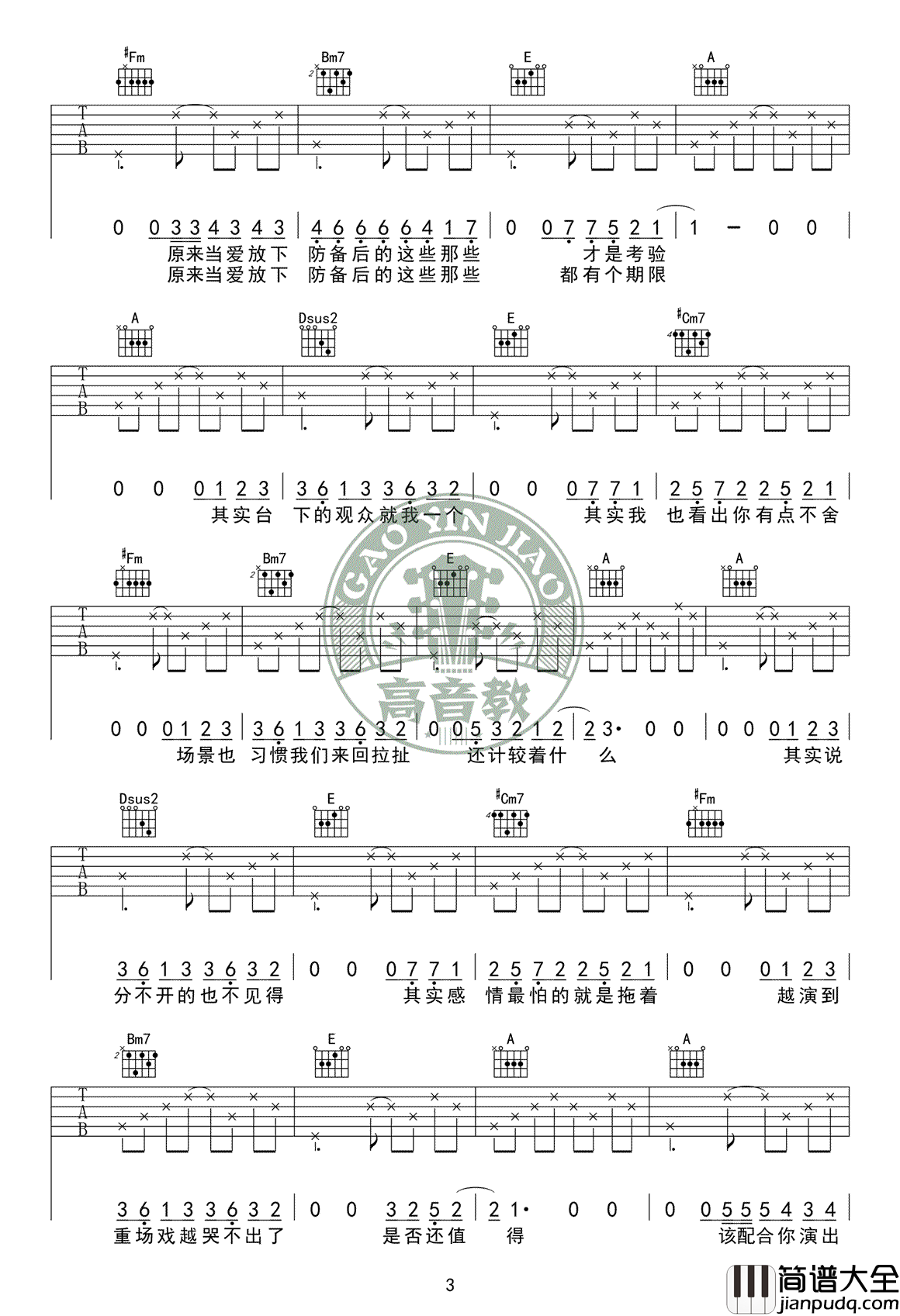 演员吉他谱_薛之谦_A调标准版_高清弹唱六线谱