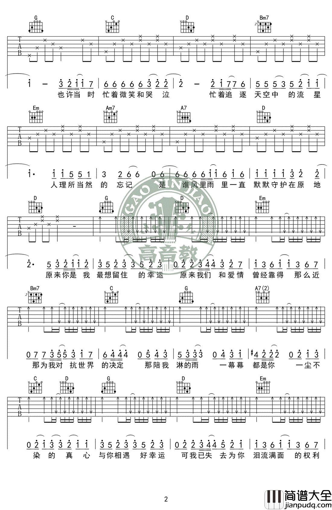 小幸运吉他谱_田馥甄_G调标准版_吉他弹唱教学视频