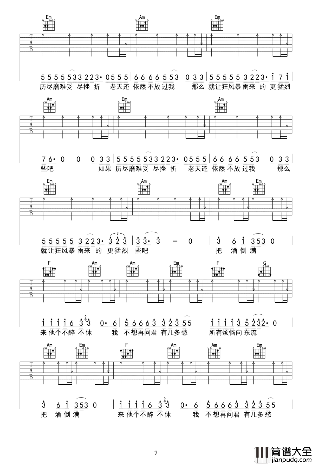 把酒倒满吉他谱_李晓杰_高清弹唱谱_图片谱