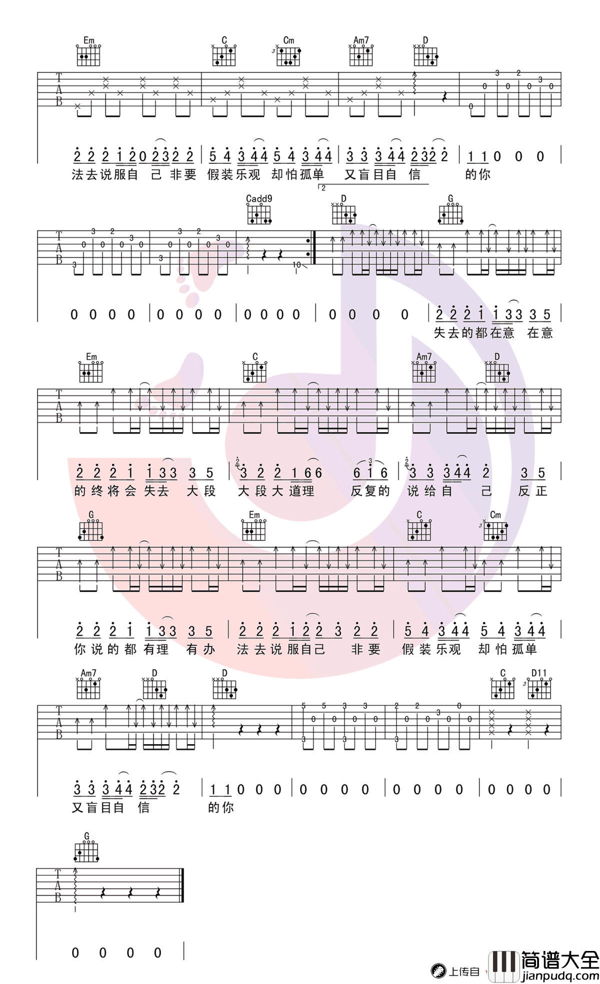 盲目自信吉他谱_郁可唯_谈判官_主题曲_G调弹唱谱