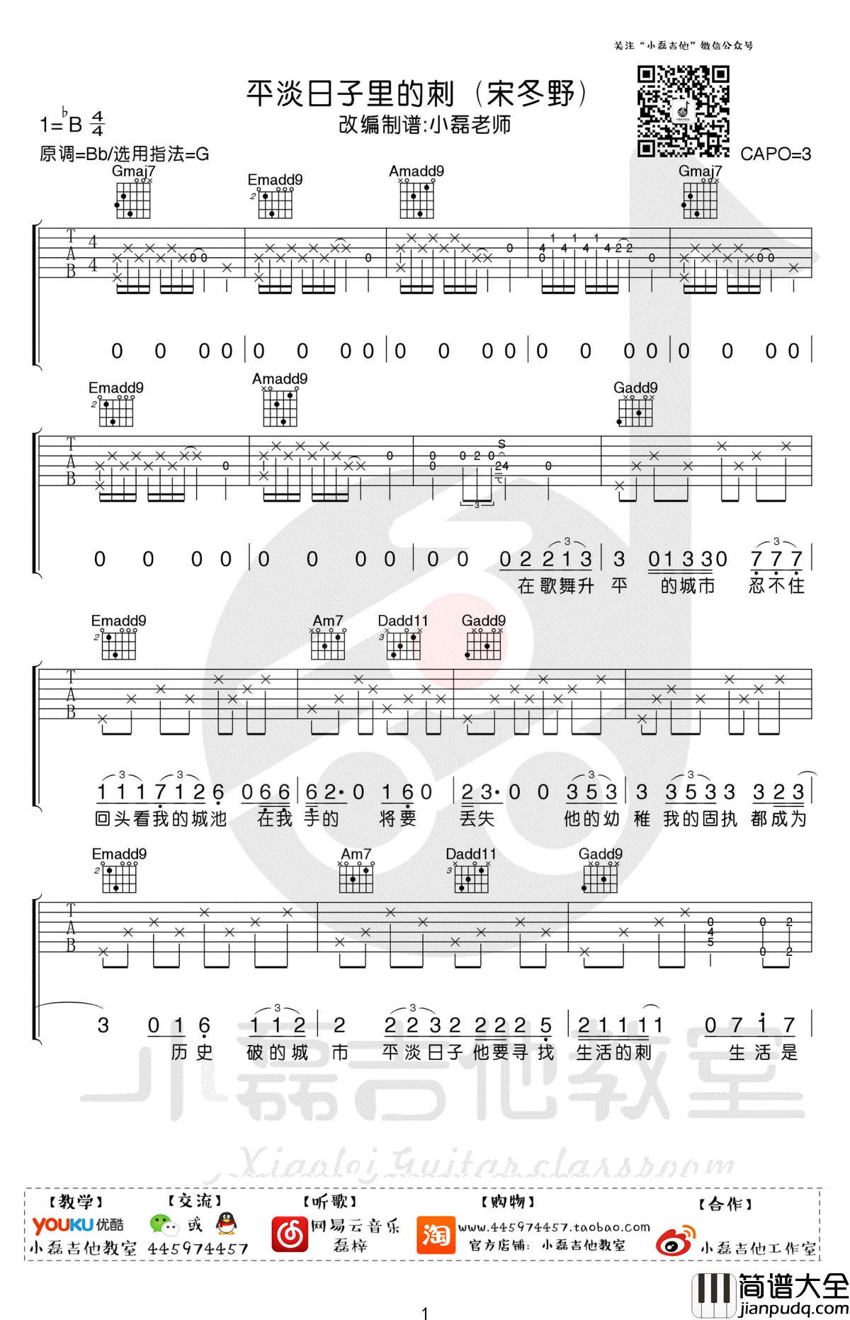 平淡日子里的刺吉他谱_宋冬野_G调弹唱谱_吉他教学视频