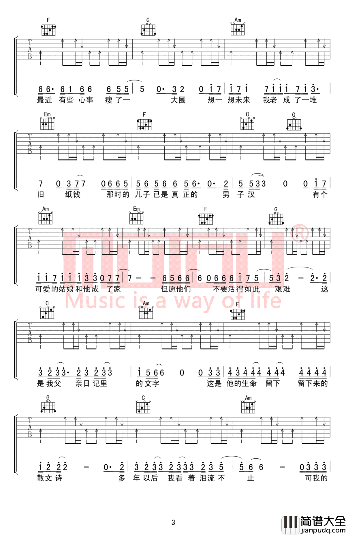 父亲写的散文诗吉他谱_李健_C调弹唱谱_高度还原版
