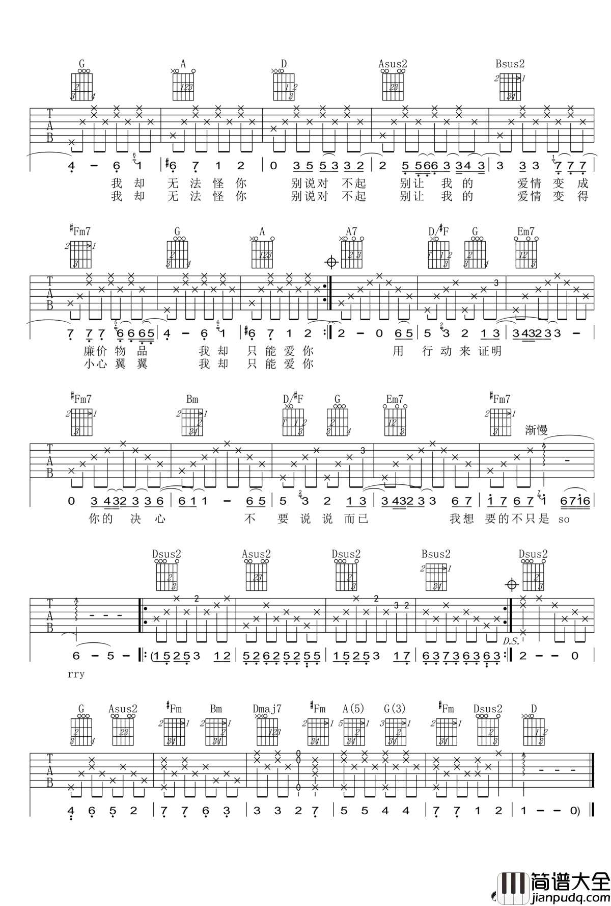 别说对不起吉他谱_D调弹唱谱_SHE