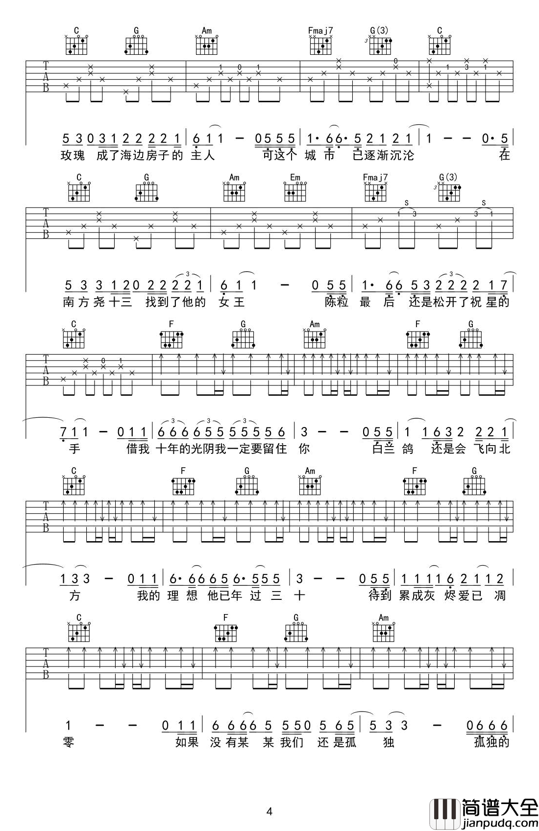 陈小姐的话吉他谱_民谣歌曲_高清弹唱谱
