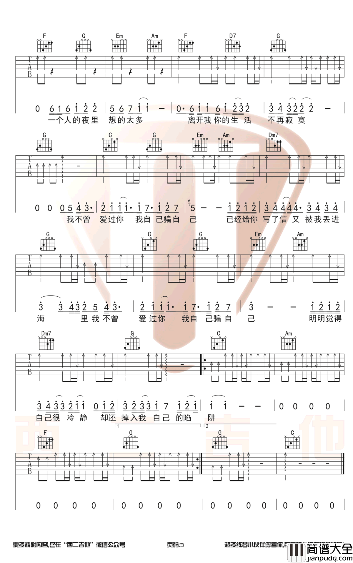 陷阱吉他谱_C调扫弦版_王北车_陷阱_六线谱