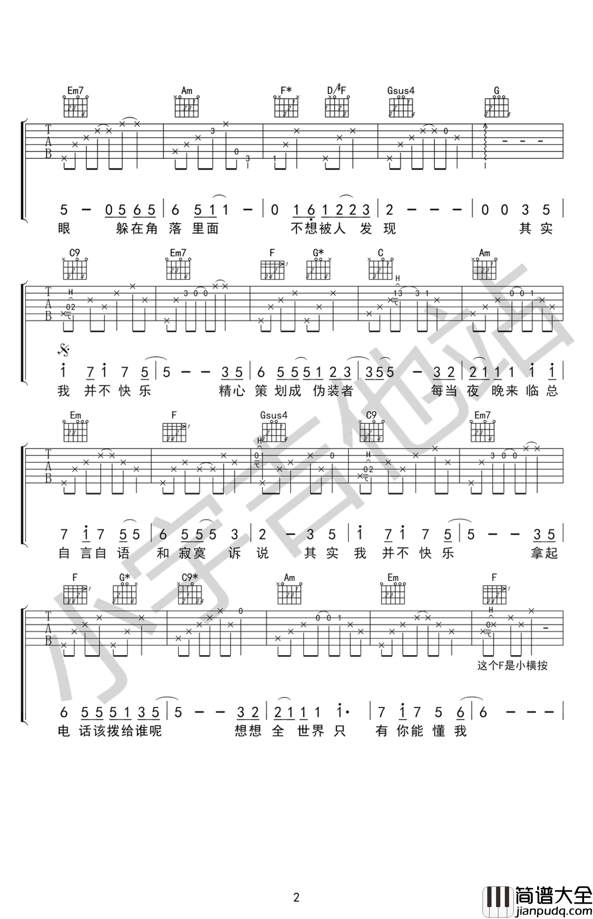 其实我并不快乐吉他谱_C调原版_李安_高清弹唱谱