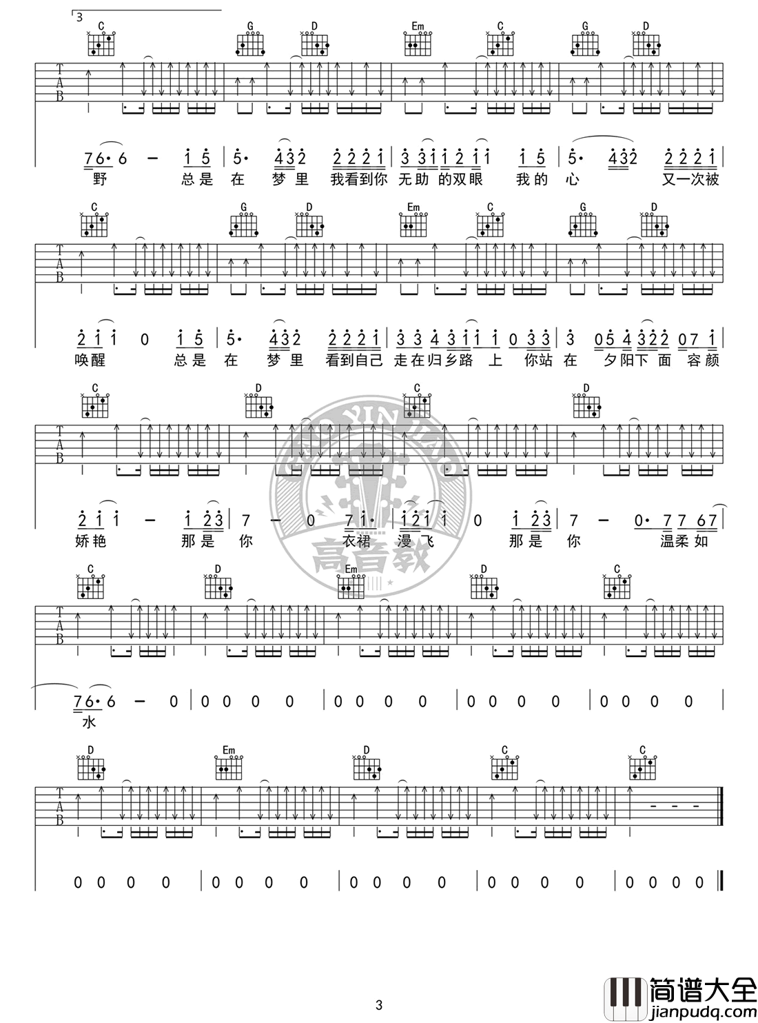 故乡吉他谱_G调标准版_许巍_吉他弹唱教学视频