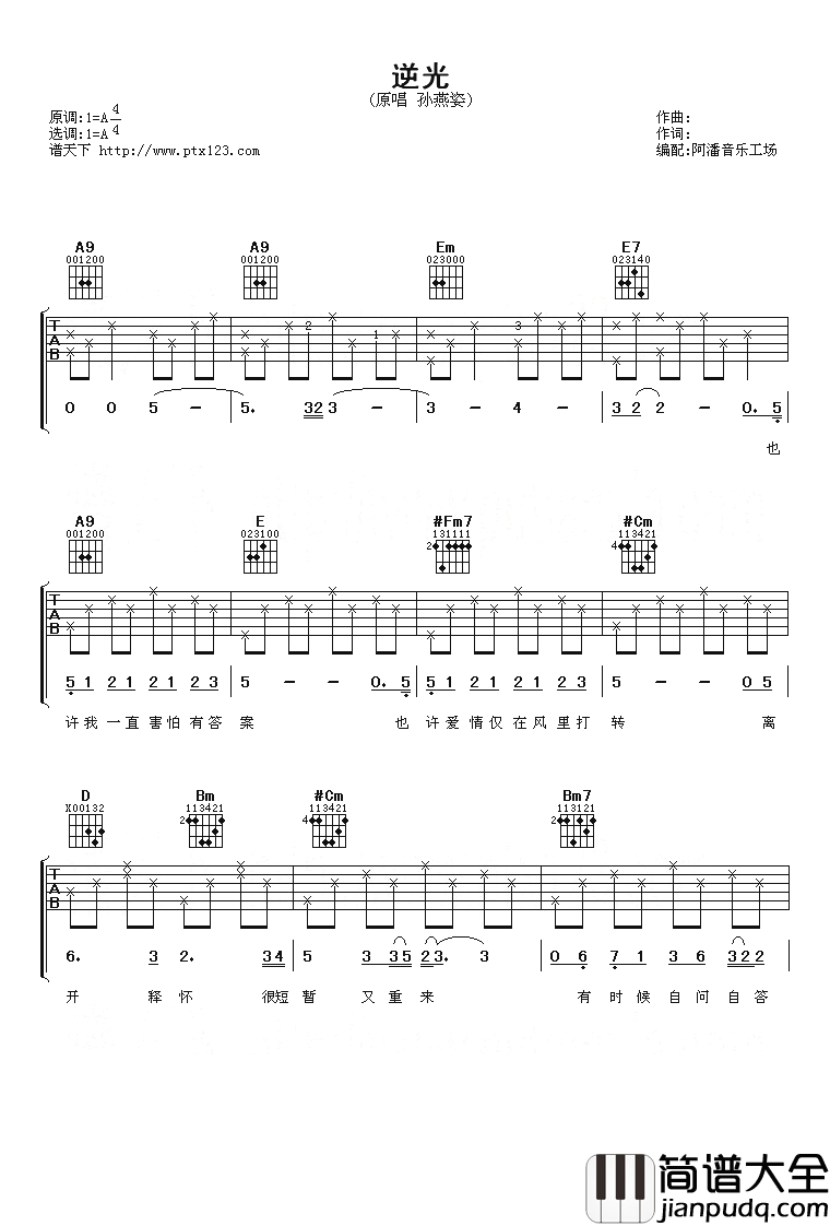 逆光吉他谱_孙燕姿/陈芳语__创造101_弹唱谱