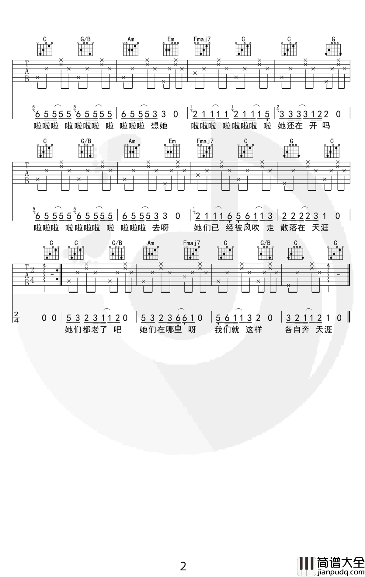 那些花儿吉他谱_C调简单版_朴树_入门弹唱谱