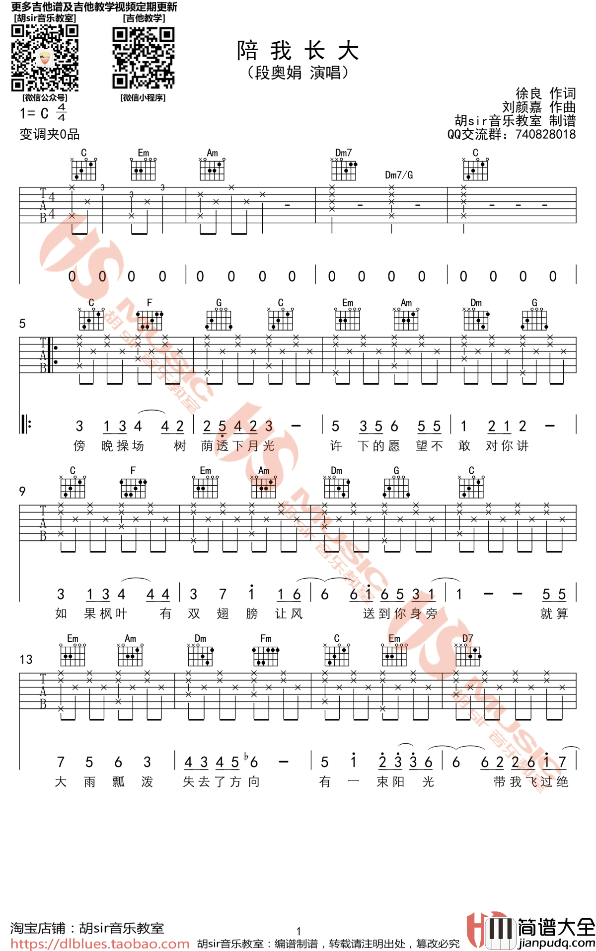 陪我长大吉他谱_段奥娟_快把我哥带走_主题曲_C调弹唱谱
