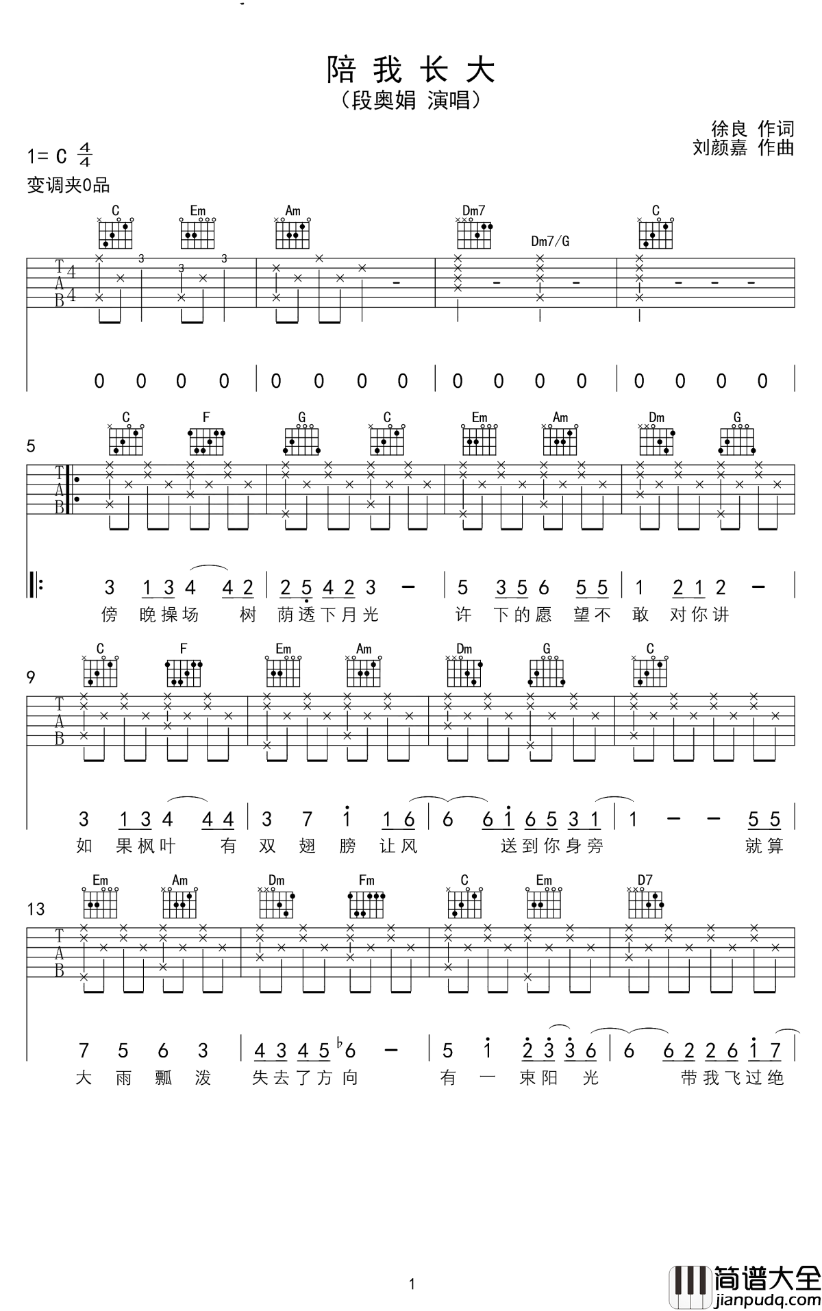 陪我长大吉他谱_段奥娟_电影快把我哥带走主题曲