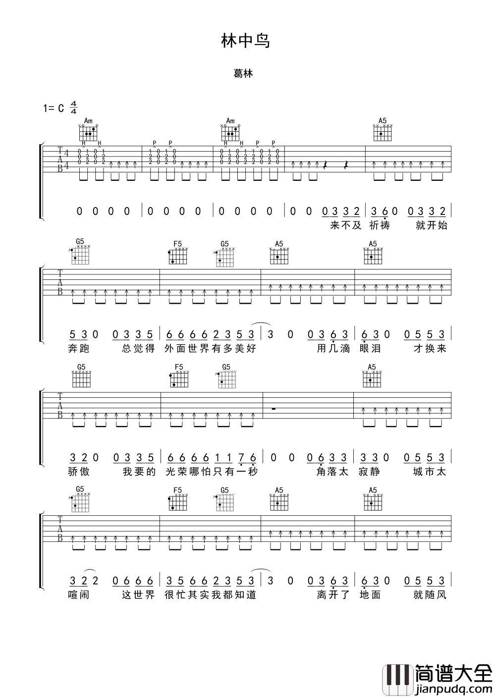 林中鸟吉他谱_葛林_致敬奋斗在路上的每个人