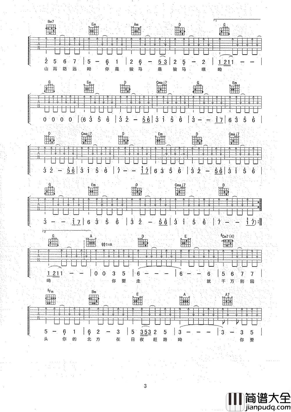 骏马谣吉他谱_王喂马_自由而奔放的骏马,永远不会停下奔跑的脚步