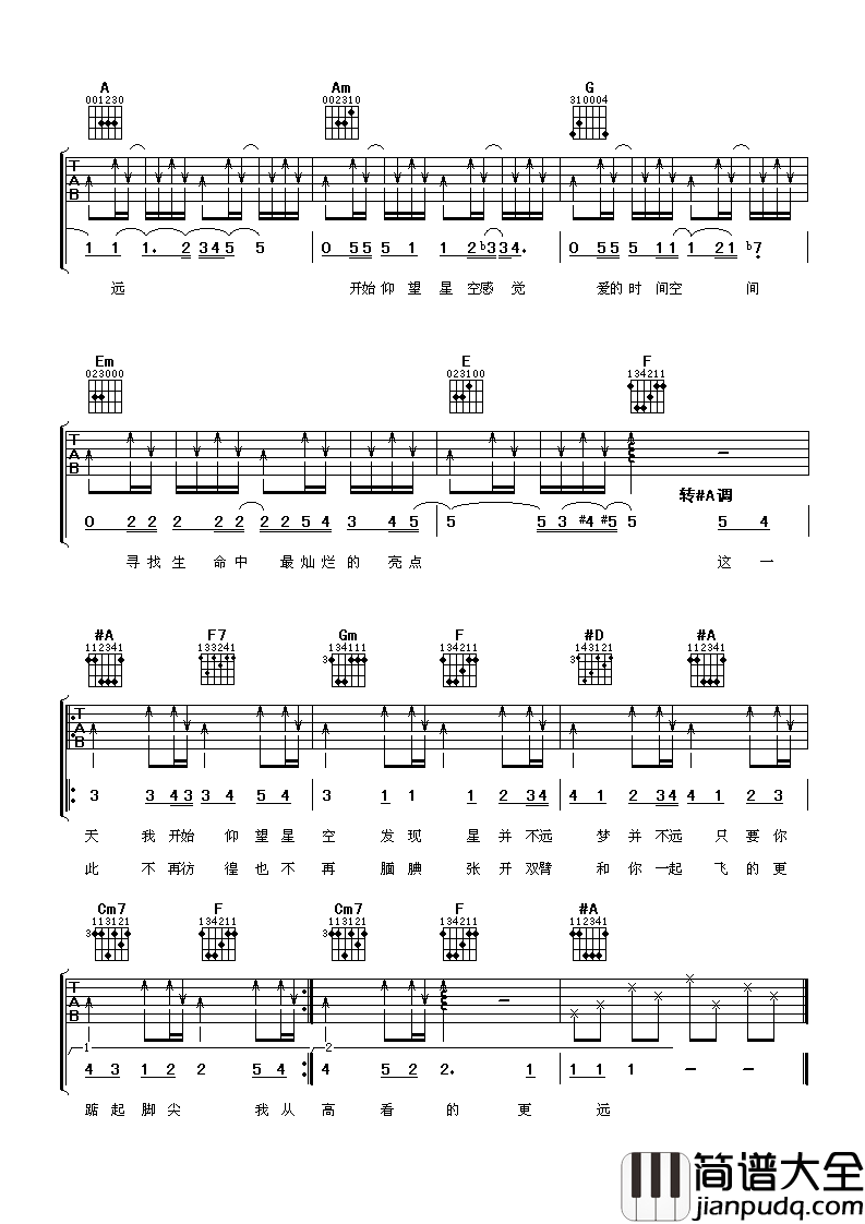 仰望星空吉他谱_张杰_属于你的星空会有无数的星星闪烁