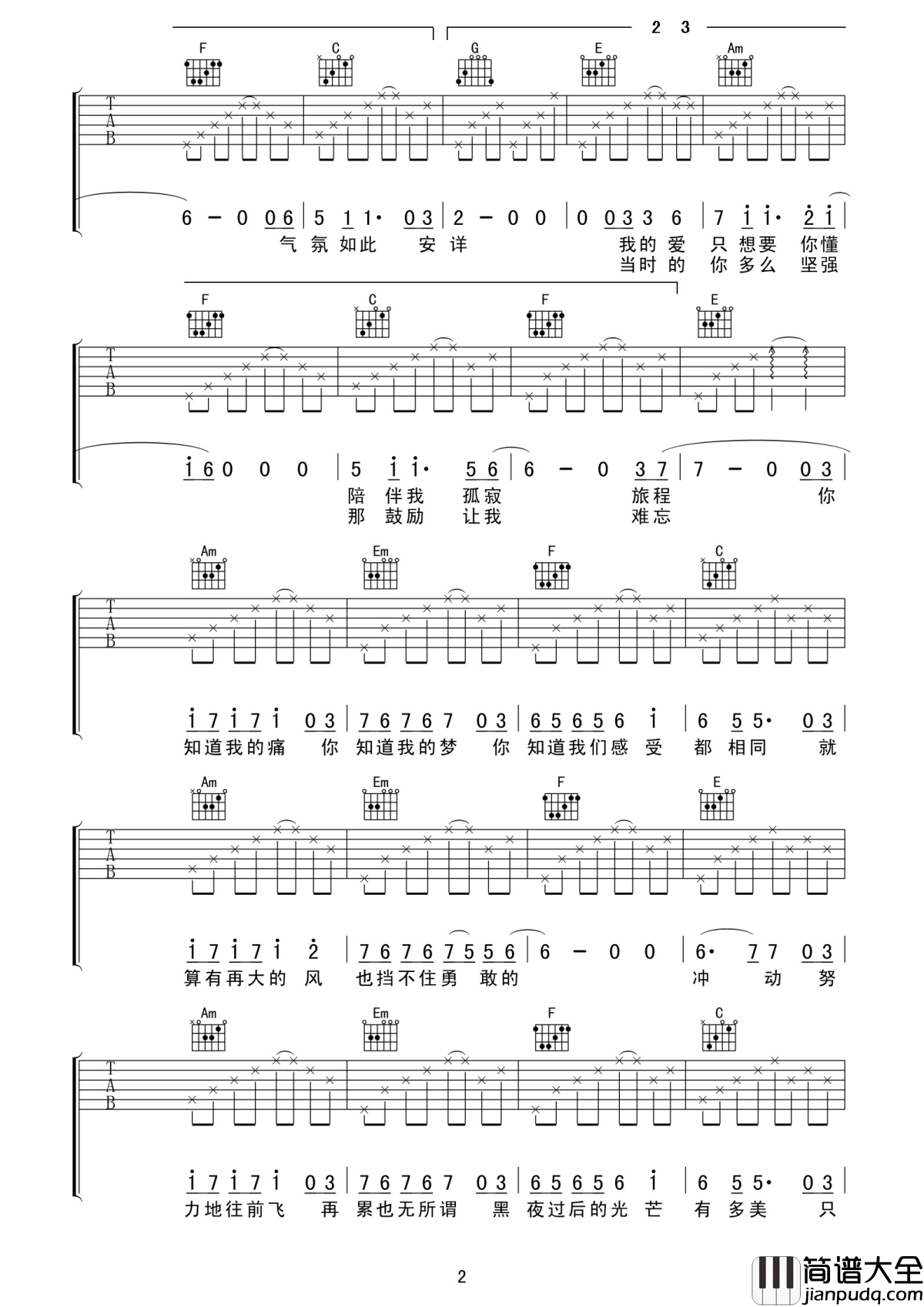 我们都一样吉他谱_张杰_习惯了卑微的去喜欢一个人要怎样去做到主动