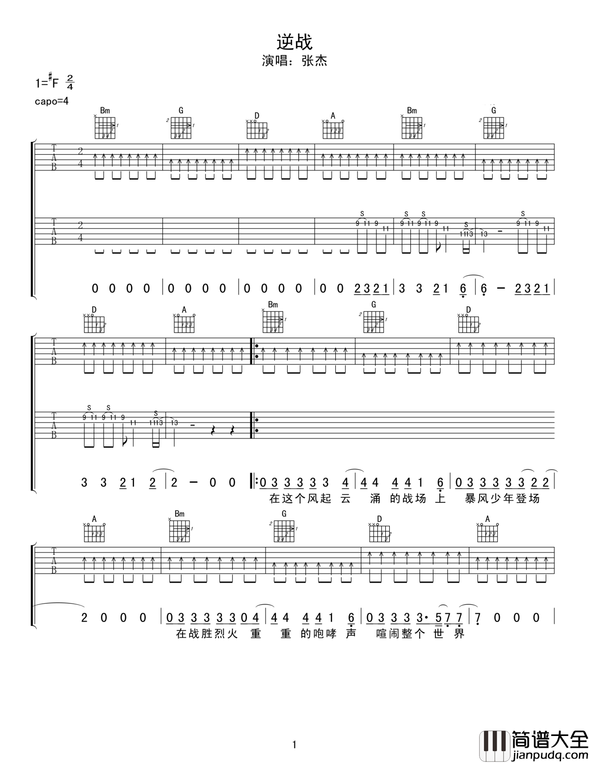 逆战吉他谱_张杰_不管遇到什么事都要怀着向前的方向