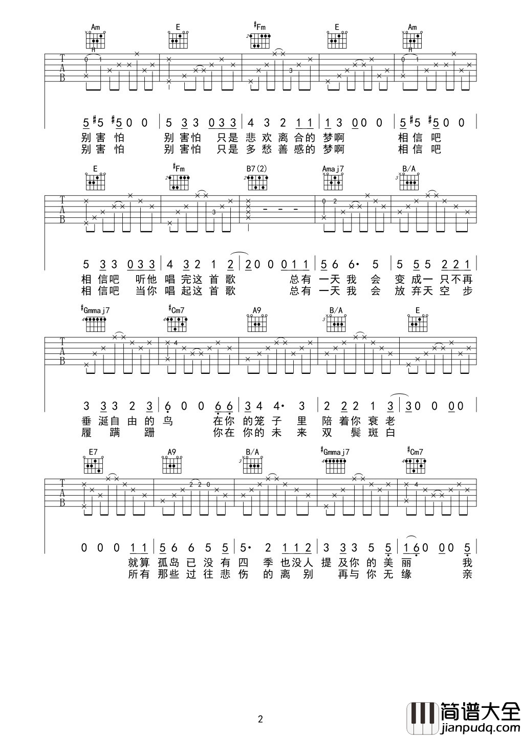 孤鸟的歌吉他谱_马頔_孤是孤单的孤，一年陪着一年