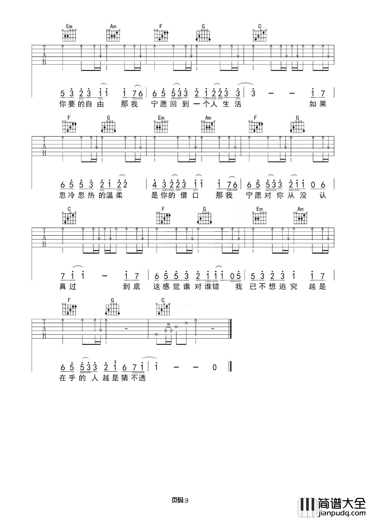 猜不透吉他谱_丁当_无论如何，都不要选择忽远忽近忽冷忽热的方式