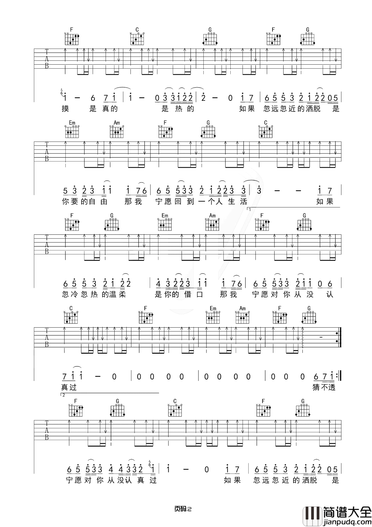 猜不透吉他谱_丁当_无论如何，都不要选择忽远忽近忽冷忽热的方式