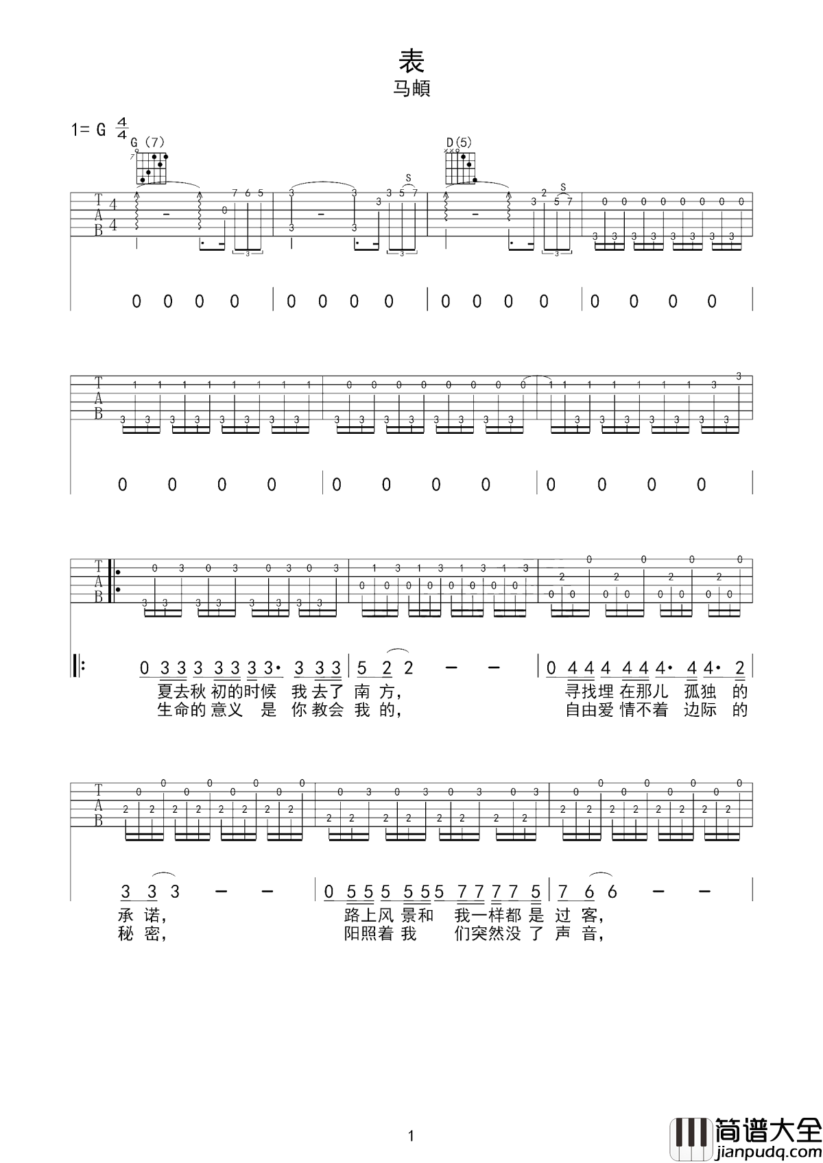 表吉他谱_马頔_路上风景和我一样都是过客