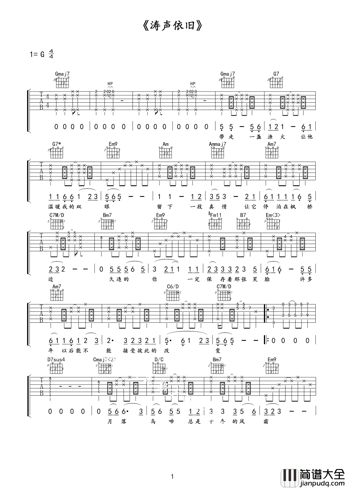 涛声依旧吉他谱_毛宁_人面不知何处去，桃花依旧笑春风
