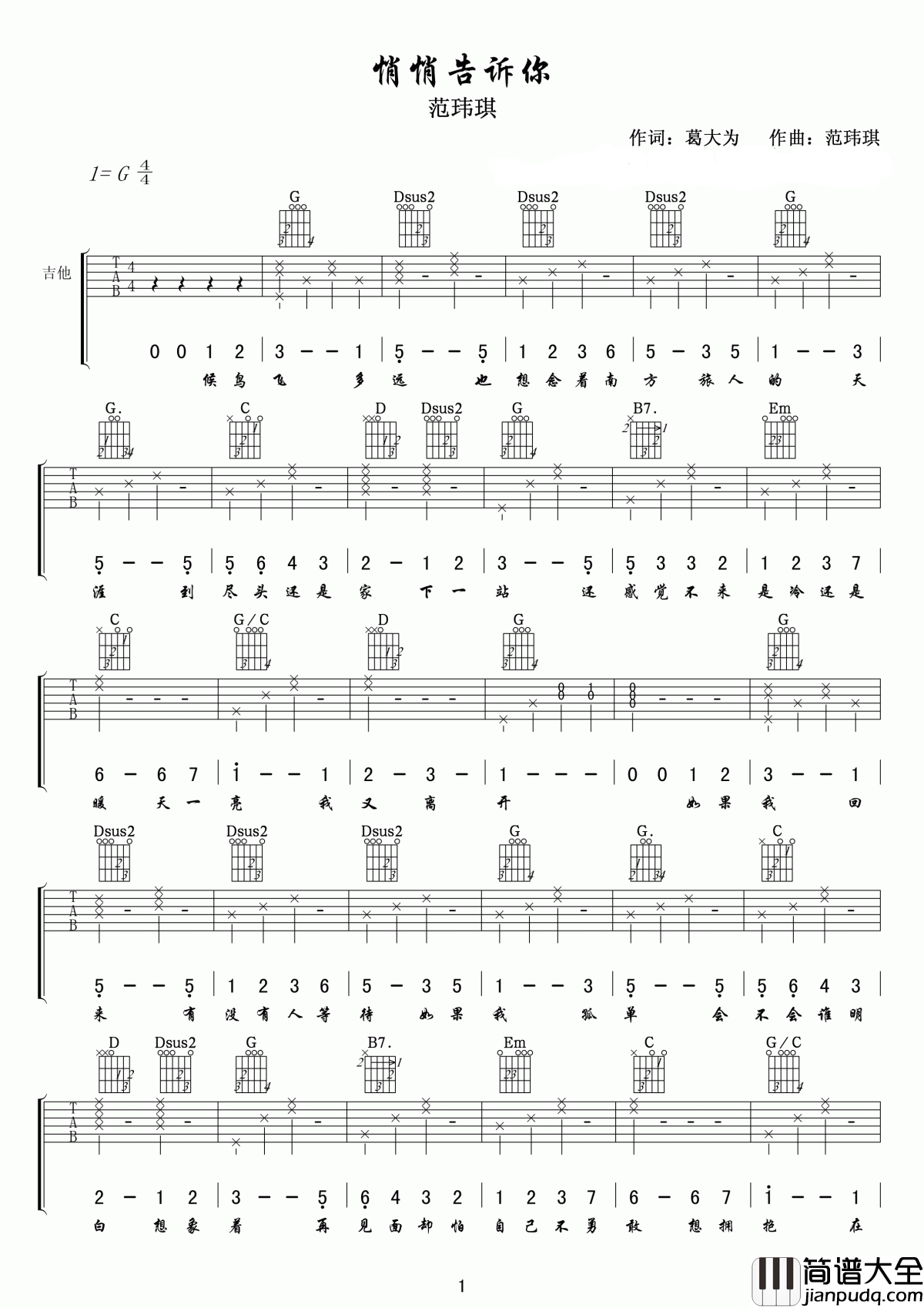 悄悄告诉你吉他谱_范玮琪_忘记那些生活的不快，留下最美好的瞬间