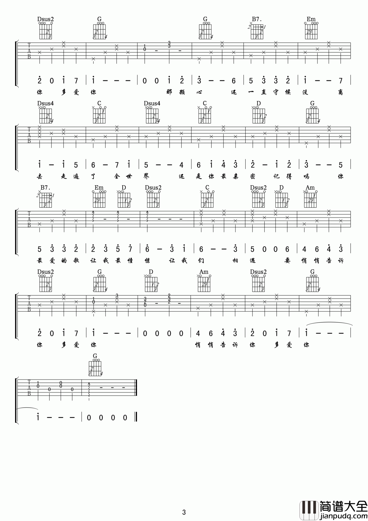 悄悄告诉你吉他谱_范玮琪_忘记那些生活的不快，留下最美好的瞬间