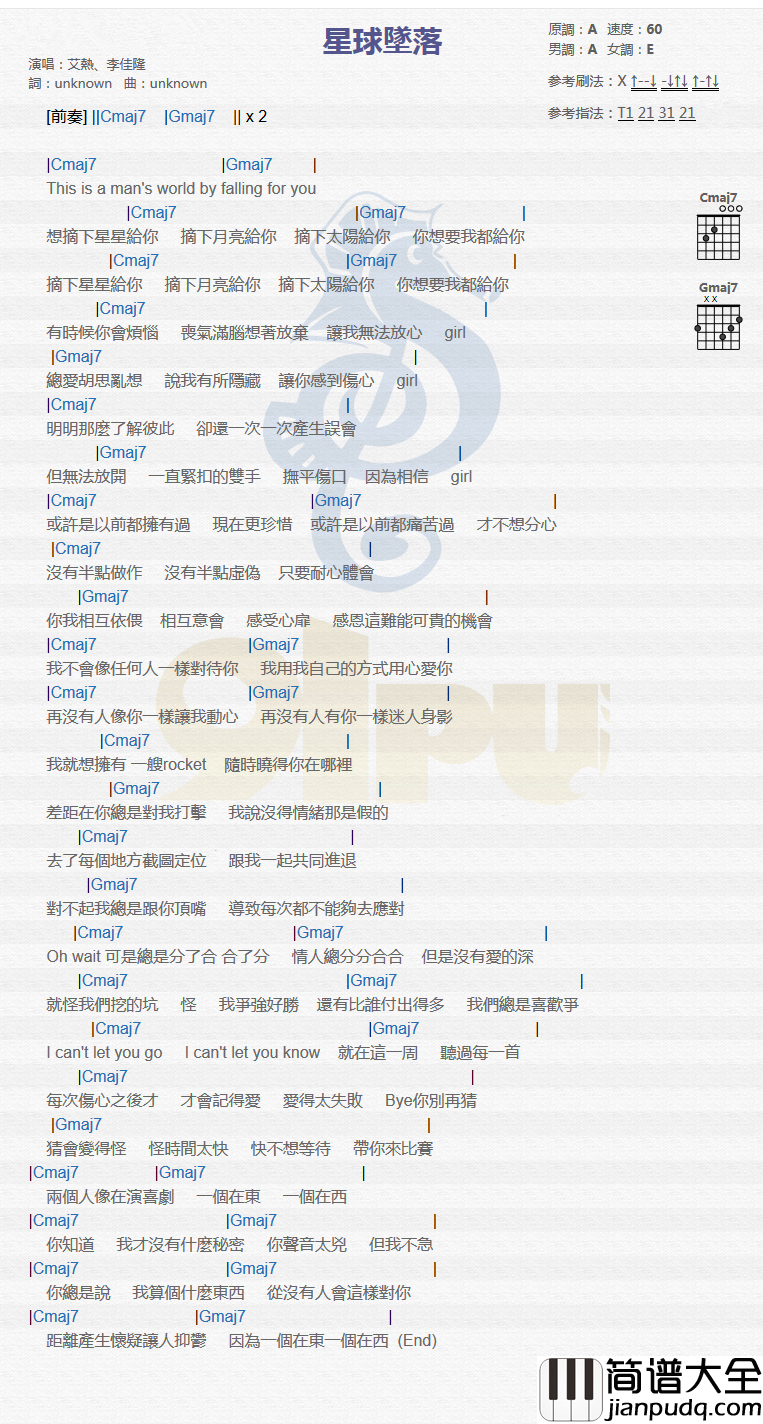 星球坠落吉他谱_李佳隆/艾热_想摘下星星给你，摘下月亮给你