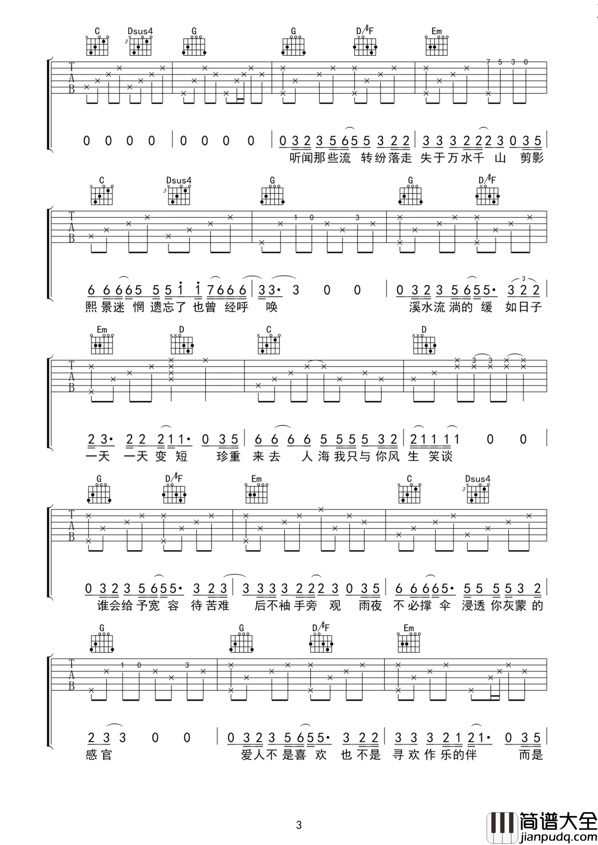 短叹吉他谱_房东的猫_短叹时间不等行路人，制造了刺心的遗憾