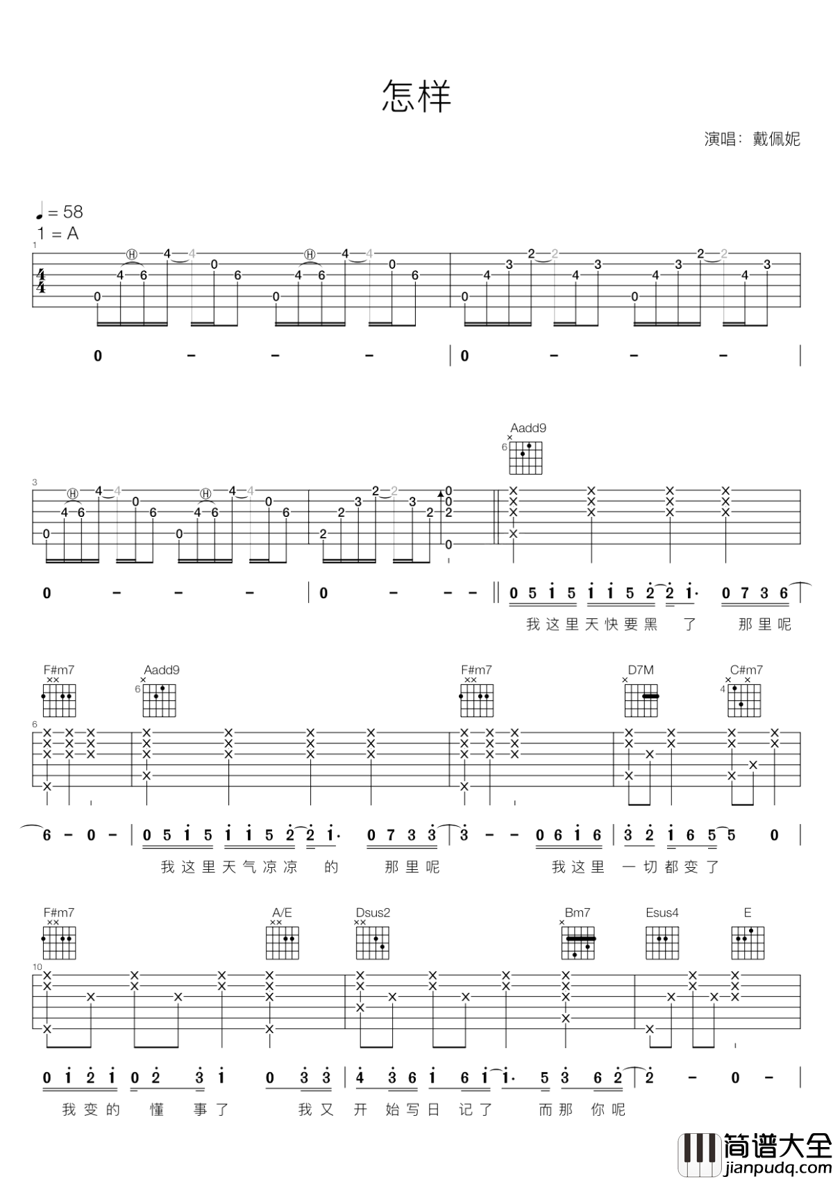 怎样吉他谱_戴佩妮_如果没有如果，后来也没有后来